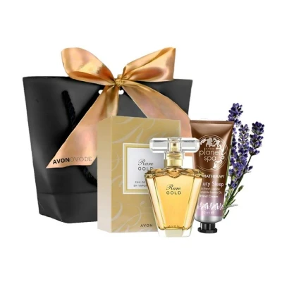 Abbildung von AVON Cosmetics Eau de Parfum Rare Gold Spray 50 ml Körpercreme 150 Duft Geschenkset für Damen, 3 tlg., besondere Anlässe, Sinnliche Basisnoten Bernstein, Holz und Vanille
