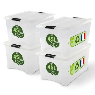 Abbildung von Iris Ohyama Aufbewahrungsboxen mit Deckel, 45L, 4er Set, Transparent, Sicherer Verschluss, Stapelbar, Griffe, Schlafzimmer, Schrank, Büro, Organisation, BPA freies Plastik, Ordnungsboxen, BSB 45