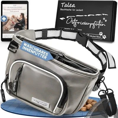 Abbildung von Ostfriesenpfoten® Leckerli Bauchtasche &#039;Talea&#039; für Hunde aus Kunstleder mit Einhandmagnetverschluss Leckerlibeutel inkl. wechselbarem Innenfutter Hundezubehör Grau