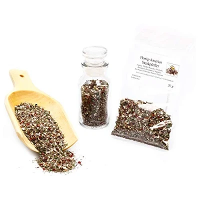 Abbildung von Honig America Steakpfeffer mit Meersalz, Honigpfeffer, Steakgewürz, Steak Rub, Grillgewürz, Barbecue Gewürzmischung Pfeffer, BBQ Gewürz, 20g