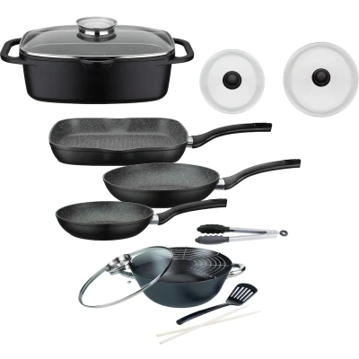 Abbildung von GSW Topf Set &quot;Gourmet&quot;, Aluminiumguss, (Set, 8 tlg., 3 tlg. Pfannen Set, 2 Glasdeckel, 1 Bräter, Wok, Küchenzange), Induktion