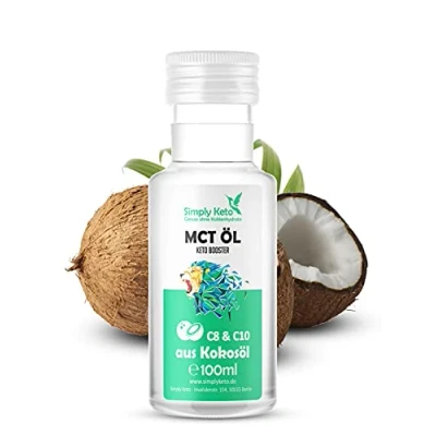 Abbildung von Simply Keto MCT Öl (100ml) Booster aus 100% Kokosöl 70% Caprylsäure C8 und 30% Caprinsäure C10 Vegan &amp; Palmölfrei Optimal für ketogene Ernährung Bulletproof Coffee 100ml