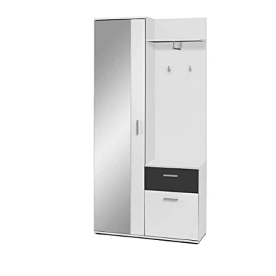 Abbildung von byLIVING Kompakt Garderobe Jakob/Korpus in Weiß/Schubladen Front Schwarz/Garderobe mit großer Spiegeltür/Fest montiertes Set/Kommode/Schuh Schrank/B 97, H 195, T 30 cm