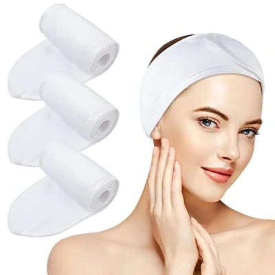 Abbildung von KinHwa Haarband Kosmetik Stirnband Frottee 3 Stück schminken Verstellbare Haarschutzband mit Klettverschluss Mikrofaser Haarbänder für Make Up, Sport, Yoga, Spa, Gesicht, Weiß