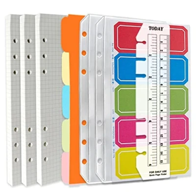Abbildung von DY.2ten A6 6 Loch Notizbuch Nachfüll Set 135 Blatt (270 Seiten) kariertes Papier + 2 Reißverschluss Bindertaschen 5 Stück Trennblätter Register Lineal, für Filofax Nachfüllpapier