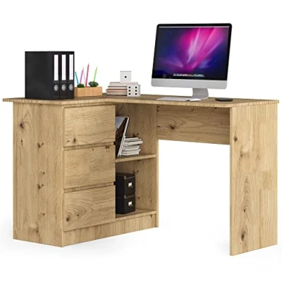 Abbildung von AKORD Eck Schreibtisch B 16 mit 3 Schubladen und 2 Ablagen ecktisch für Home Office Einfache Montage B124 x H77 T85, 48 kg Kunsthandwerkliche Eiche