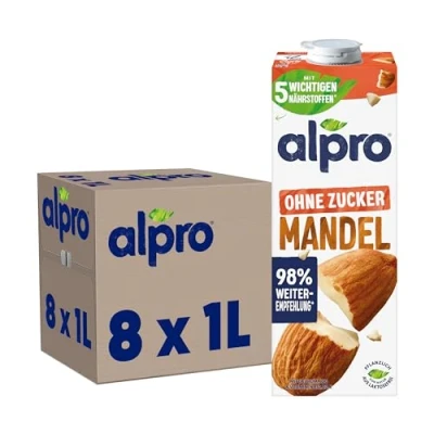 Abbildung von Alpro Mandeldrink ohne Zucker, 8x1 L, haltbar, Quelle von Calcium und Vitaminen, zuckerfrei, glutenfrei, fettarm, Laktose, vegan &amp; milchfrei