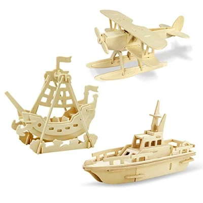 Abbildung von Georgie Porgy Hölzerne 3D Puzzle Sammlung Modell Kit Baukasten Holzhandwerk Kinder Pädagogisches Spielzeug DIY Geschenk Packung 3 (Wasserflugzeug Piratenschiff Rettungsboot)