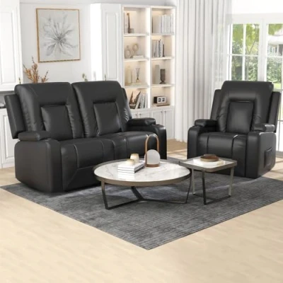 Abbildung von COMHOMA Relaxsessel Set, Sofa, Sofa Set aus Kunstleder, Fernsehsessel Ruhesessel Liegesessel mit Liege Funktion Polstersessel Schlafsessel für Wohnzimmer Schlafzimmer Heimkino, Schwarz, 2+1