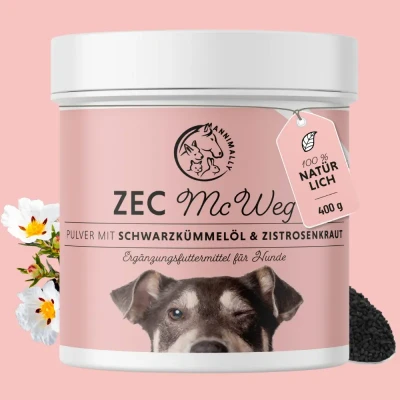 Abbildung von Annimally Zec McWeg Pulver für Hunde 400g mit Schwarzkümmelöl, Zistrosenkraut, Bierhefe &amp; Seealge Effektive Unterstützung in der Saison, komplett natürliche Alternative zu Tabletten und Drops