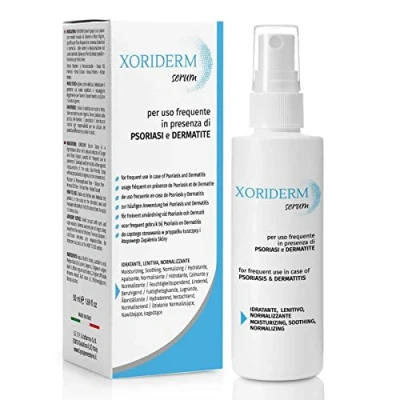 Abbildung von Xoriderm Serum Sprühlotion, wirksam bei Psoriasis und Dermatitis der Kopfhaut. Beruhigende, feuchtigkeitsspendende normalisierende Wirkung.