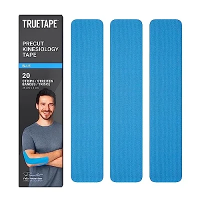 Abbildung von TRUETAPE® Kinesiotape BASIC Precut 20 Streifen (25 cm x 5 cm) Wasserfestes &amp; Elastisches Kinesiologie Tape Physiotape mit starker Klebekraft für Alltag Sport Blau