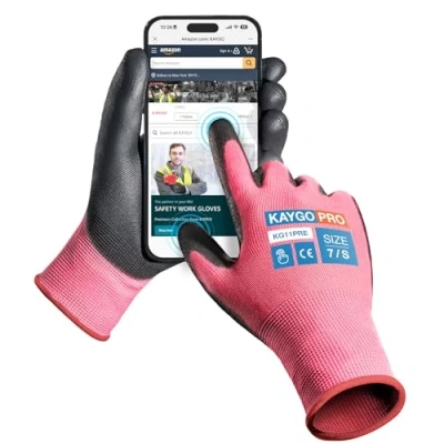 Abbildung von KAYGO 12 Paar Arbeitshandschuhe Touchscreen PU beschichtet Schutzhandschuhe, antirutsch Griff an Handflächen und Fingern, Geeignet für DIY allgemeine Arbeit Gartenarbeit (Rosa, S, Gr 7)