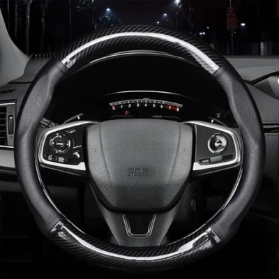 Abbildung von Autsop Lenkradbezug Auto Schwarz Nappa Leder,Kohlefaser Universal Größe 14.5 15 Zoll (37 39cm) Lenkradhülle für Sommer &amp; Winter Zubehör Interieur Schwarz(Brilliant Black)