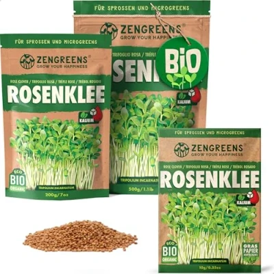 Abbildung von ZenGreens® Bio Rosenklee Sprossen Samen Wähle zwischen 10g, 200g und 500g Saatgut Keimrate von über 95% Sprossensamen zum Keimsprossen ziehen Microgreens