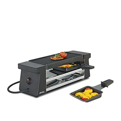 Abbildung von Spring Raclette 2 Personen COMPACT Schwarz, Tischgrill elektrisch, Antihaftbeschichtete Alu Grillplatte, Pfännchen &amp; Spatel, Abstellebene, 34,5x10,5x11,5 cm, 400W, Grill