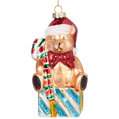Abbildung von BRUBAKER Teddy mit Zuckerstange und Geschenk Handbemalte Weihnachtskugel aus Glas Mundgeblasener Christbaumschmuck Figuren lustig Deko Anhänger Baumkugel 13 cm