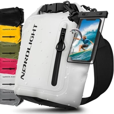 Abbildung von Nordlight Dry Bag wasserdichte Tasche mit Handyhülle + Roll Top, Schultergurt Drybag wasserfester Rucksack Beutel Packsack Seesack Wassersack Wetbag Baden Schwimmen Strand SUP Weiß, 5 Liter