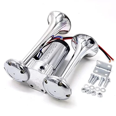 Abbildung von YIYIDA Elektrische Hupe Car Horn 24V Autohupe Air 165db Schiffshupe Trompete Bootshupe Silber Hoch und Tieftonhupe Doppelrohrhupe LKW Lautsprecher Lufthupe für Auto Yacht Motorrad etc