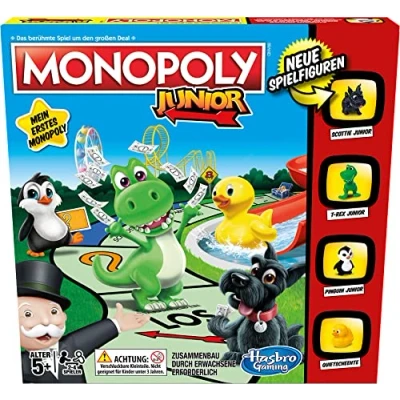 Abbildung von Monopoly Junior, für Kinder ab 5 Jahren, mit fröhlichen Charakteren, einfach verständlch und dennoch spannend, Erwachsene
