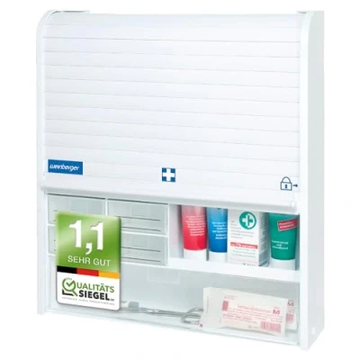 Abbildung von Weinberger Medizinschrank I Apotheker und Medikamenten Schrank Tabletten Aufbewahrung Hausapotheke Arznei &amp; Erste Hilfe Kindersicherung Jalousie viele Fächer Weiß