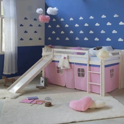 Abbildung von Homestyle4u Hochbett Kinderbett mit Leiter und Vorhang Weiß Rosa Holz Kiefer Lattenrost, Rutsche