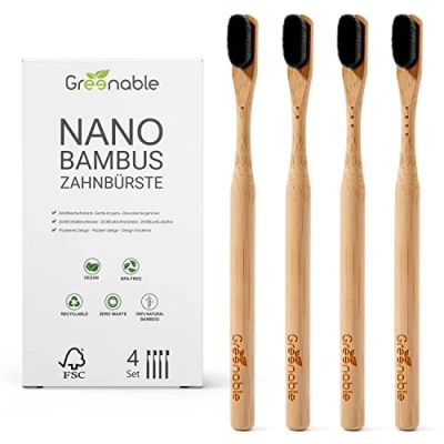 Abbildung von Greenable ® Nano Zahnbürste aus Bambus [4er Set] 20.000 Extra weiche Borsten 100% BPA frei Bamboo Toothbrush Vegane &amp; umweltfreundliche (Schwarz)
