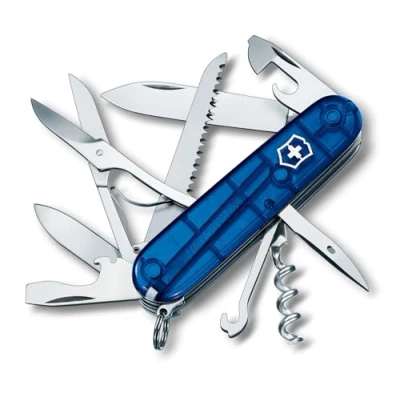 Abbildung von Victorinox Schweizer Taschenmesser Huntsman, Multitool, Swiss Army Knife mit 15 Funktionen, Klinge, Korkenzieher, Dosenöffner, Faltschachtel, Blau Transparent