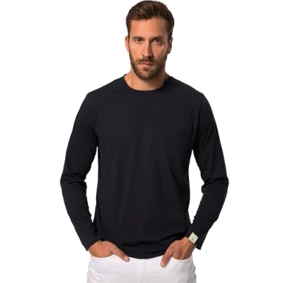 Abbildung von JP 1880 Herren Aware, Langarmshirt, Brusttasche, Melange, 1/1, Biobaumwolle T Shirt, Navy blau, 6XL