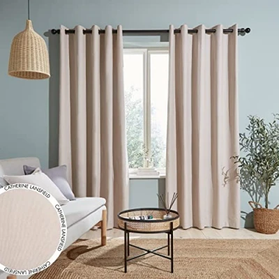 Abbildung von Catherine Lansfield Garngefärbte Baumwoll Chambray Vorhänge mit Ösen, 117 x 183 cm, Natur