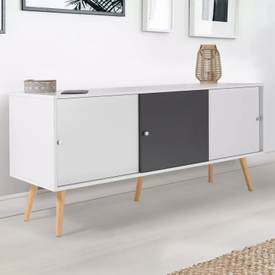 Abbildung von IDMarket Sideboard, niedrig, skandinavisch, 135 cm, Effie, 3 Türen, Holz, Weiß und Grau