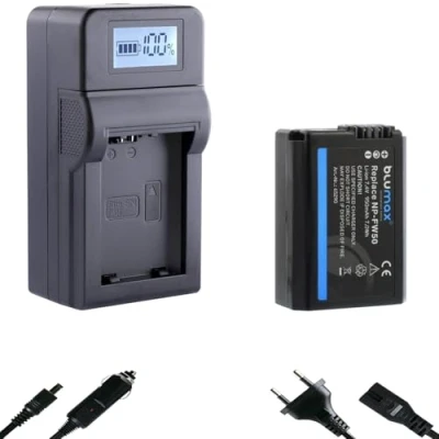 Abbildung von blumax Akku Ersatz für Sony NP FW50 [ 950mAh ] + Speed LCD Charger Alpha 7 7II 7R 7S II 6300 6500 / NEX 6 F3 DSC RX10 IV/ZV E10