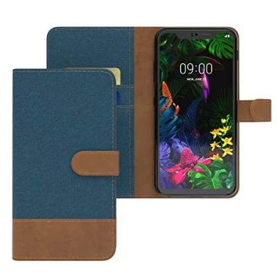 Abbildung von EAZY CASE Tasche kompatibel mit LG G8 ThinQ Stoff Schutzhülle Standfunktion Klapphülle im Bookstyle, Handytasche Handyhülle Flip Cover Magnetverschluss und Kartenfach, Kunstleder, Dunkel Blau
