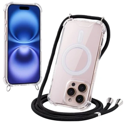 Abbildung von JProtect Magnetische Handykette für iPhone 16 Pro Magsafe Hülle/iPhone Hülle mit Band zum Umhängen Schwarz Kordel/Kette Handyhülle Magnet
