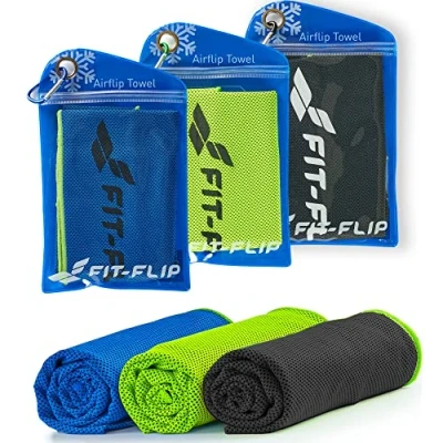 Abbildung von Fit Flip Kühlhandtuch 3er Set Cooling Towel und mikrofaser Kühltuch kühlendes Handtuch Airflip für Fitness Sport Ice (grün/dunkel blau/grau, 100x30cm)