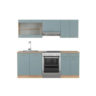 Abbildung von Vicco Küchenzeile R Line, Blau Grau/Goldkraft Eiche, 200 cm, AP Eiche