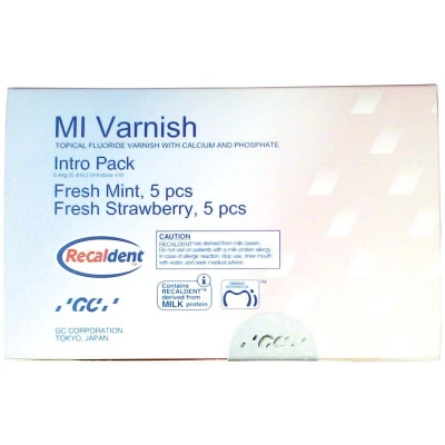 Abbildung von MI Varnish Intro Packung 10 Einzeldosen ( 5 x Erdbeere, Minze) à 0,50ml, 20 Einmalpinsel