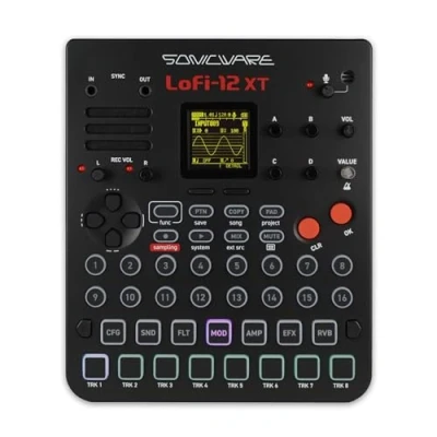 Abbildung von Sonicware Lofi 12 XT [Lo fi Groovebox &amp; Sampler] Retro Sampling mit 12bit Sampler Modus, 8 Spur Step Sequenzer, 26 Effekte, 15 anschlagdynamische Pads RGB LEDs