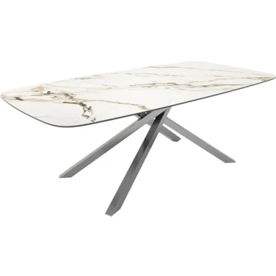 Abbildung von Esstisch Edge Boot 240x120 Keramik Calacatta Luxe Weiß Gold Grau Kreuzgestell Rechteck Edelstahl