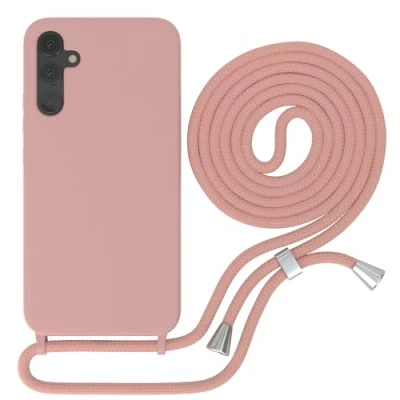 Abbildung von EAZY CASE Schutzhülle mit Handykette kompatibel Samsung Galaxy A34 Kameraschutz und Bildschirmschutz, TPU Silikon Bumper, in Kombi Alt Rosa Handyband Clips Silber