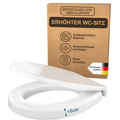 Abbildung von BenaVita Premium WC Sitzerhöhung 5 cm aus Duroplast Erhöhter Toilettensitz für bequemes Sitzen inkl. Absenkautomatik Belastbar bis 175 kg (Befestigung von Oben &amp; Unten)