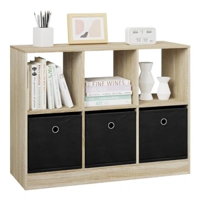 Abbildung von WOLTU Bücherregal mit 3 Schubladen aus Vliesstoff, Standregal 6 Fächern, Würfelregal für Schlafzimmer Wohnzimmer Arbeitszimmer Büro, helle Eiche, 80x60x30 cm, SK033hei