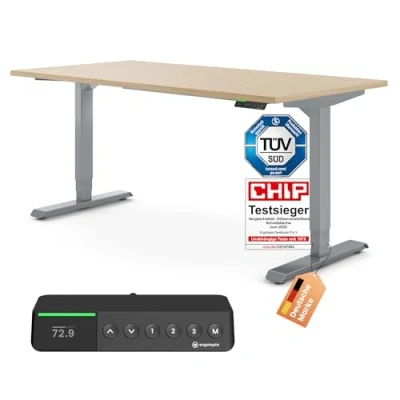 Abbildung von Ergotopia® Desktopia Pro x Elektrisch höhenverstellbarer Schreibtisch 7 Jahre Garantie Ergonomischer Stehtisch mit 9 Speicherplätzen (Ahorn, Gestell Grau, 160 80 cm)