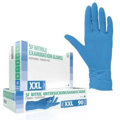 Abbildung von SF Nitrilhandschuhe XXL Blau 100 Stück Einweghandschuhe, Einmalhandschuhe, Medizinische Handschuhe, Puderfrei, Latexfrei, Handschuhe Einweg zum Kochen, Putzen, für Medizin, Küche, Kosmetik, Haushalt