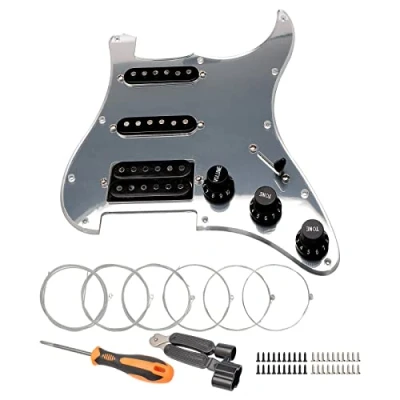 Abbildung von Unxuey Vorverdrahtetes Pickguard mit 11 Löchern und schwarzen SSH Tonabnehmerteilen für Fender Strat SQ Gitarre, 1 lagig, Silber, Alnico Tonabnehmern, Gitarrensaiten Installationswerkzeug