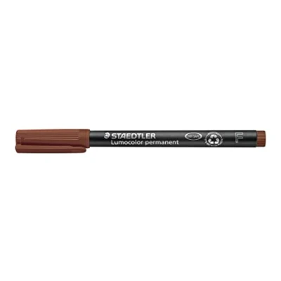 Abbildung von STAEDTLER permanent Marker Lumocolor, braun, F Spitze Linienbreite ca. 0,6 mm, wisch und wasserfest, Made in Germany, lange Lebensdauer, 10 braune Universalstifte im Kartonetui, 318 7