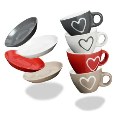 Abbildung von matches21 HOME &amp; HOBBY Tasse Espresso Tassen 4er Set Landhaus Stil Herzen einfarbig, Keramik, Kleine Kaffee Tassen, dickwandig, rot beige grau weiß, 50 ml