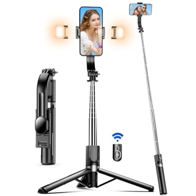 Abbildung von Selfie Stick mit Verbessertem Stativ, Stativ 2 Fülllicht, Extra Langes 115cm Handy Abnehmbarer Fernbedienung, Kompatibel iPhone Samsung usw, Action Kamera GoPro