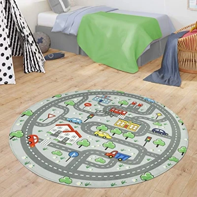 Abbildung von TT Home Teppich Kinderzimmer Spielteppich Babymatte Junge Straßenteppich Auto Stadt, Farbe:Grau, Größe:Ø 150 cm Rund