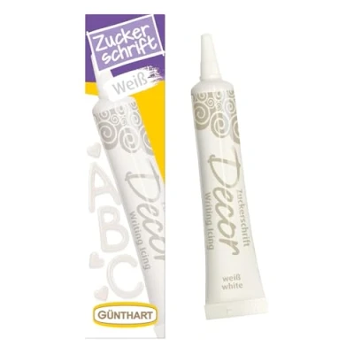 Abbildung von Günthart BackDecor 25 gr Zuckerschrift CREMEWEISS für jegliche Süßspeisen essbare Dekoschrift edle Anlässe, 1er Pack (25 gr)